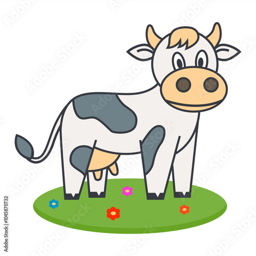 cute character of a cow in a meadow eating grass. animal in the countryside.