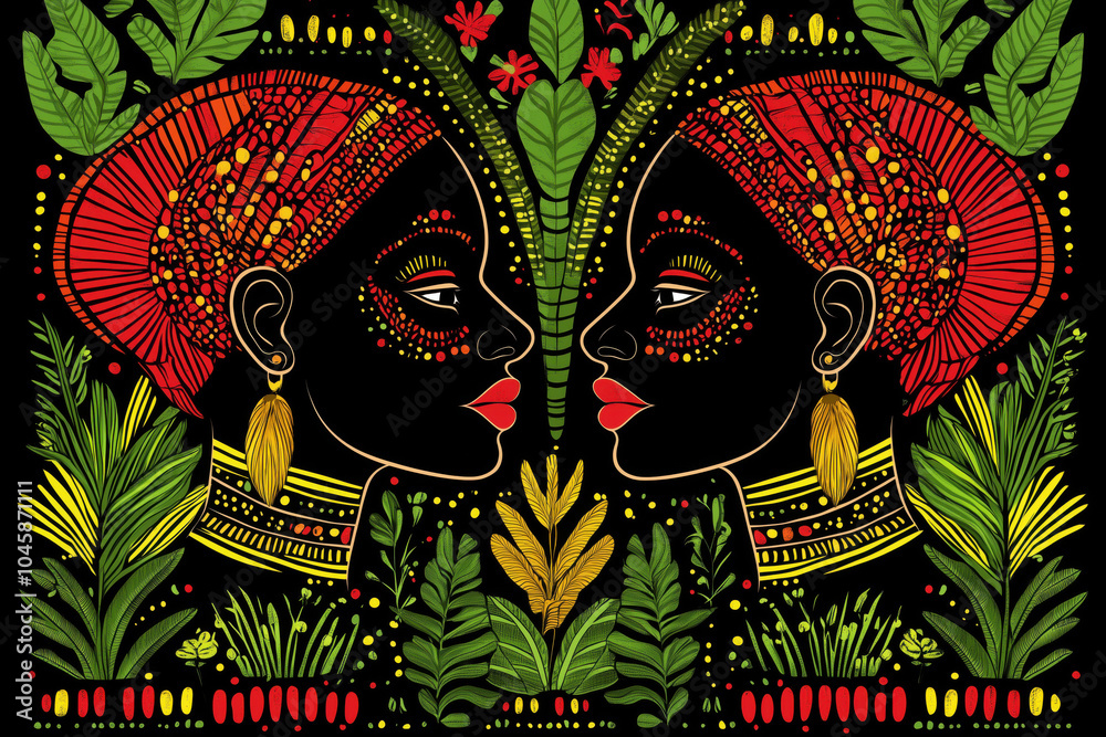 Two black women with red hair and gold earrings are depicted in a lush green forest. The women are dressed in colorful clothes and are surrounded by plants and trees. Two black women with red hair and gold earrings are depicted in a lush green forest. The women are dressed in colorful clothes and are surrounded by plants and trees.