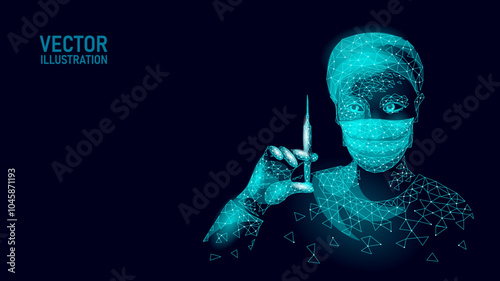 Low poly woman with medical syringe. Polygonal rejuvenating facial injections treatment procedure. Medicine vaccination banner template vector illustration