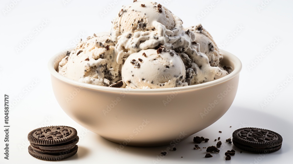 A bowl of cookies and cream ice cream with a stack of cookies and some cookie crumbs on a white background. A bowl of cookies and cream ice cream with a stack of cookies and some cookie crumbs on a white background.