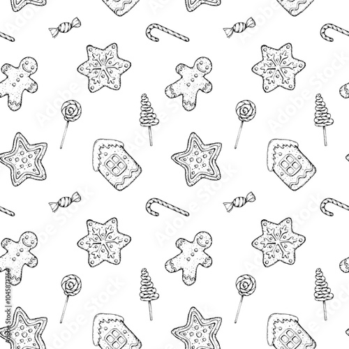Seamless vector pattern of hand drawn Christmas cookies, lollipops, candy canes. Gingerbread man, stars, holiday house, snowflakes for confectionery packaging, festive designs, wrapping paper, textile