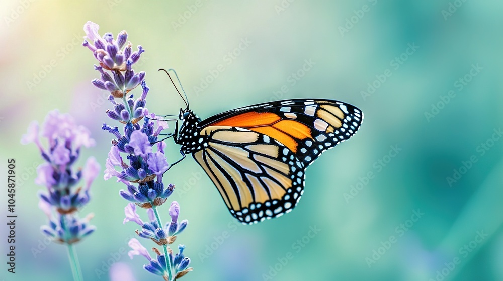 Butterfly on purple flower against green-blue backdrop, blurred sky Butterfly on purple flower against green-blue backdrop, blurred sky