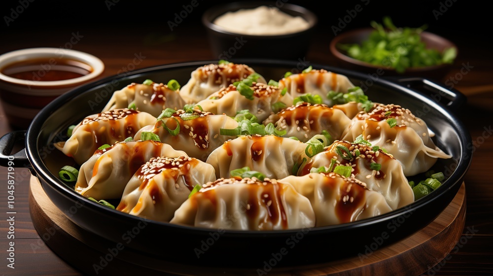 A plate of delicious dumplings topped with sesame seeds and scallions. A plate of delicious dumplings topped with sesame seeds and scallions.