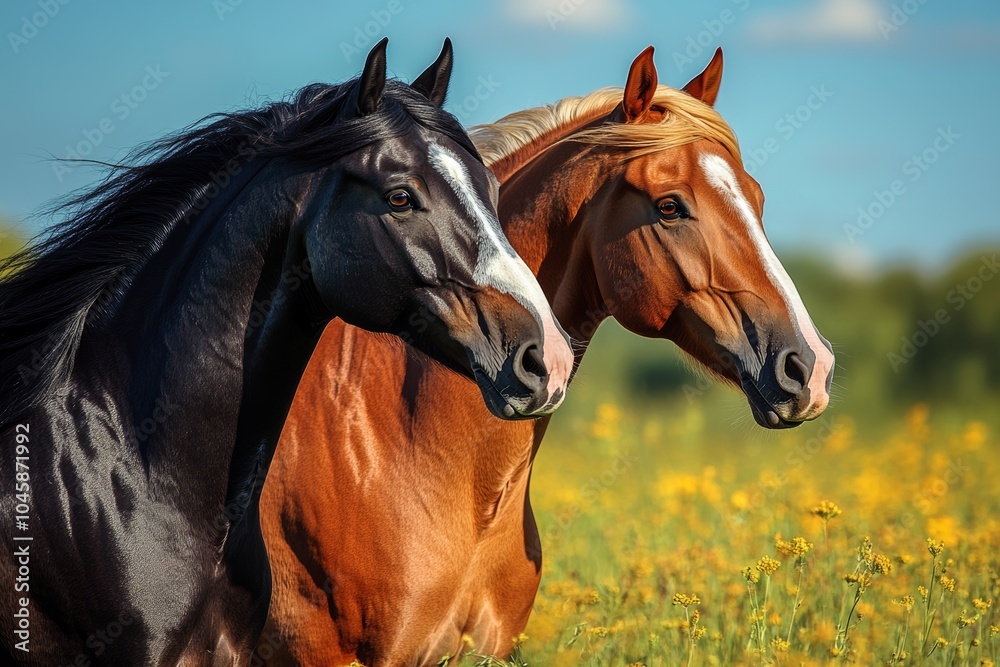 Two horses, one black and one brown, stand side-by-side in a field of yellow wildflowers. Two horses, one black and one brown, stand side-by-side in a field of yellow wildflowers.