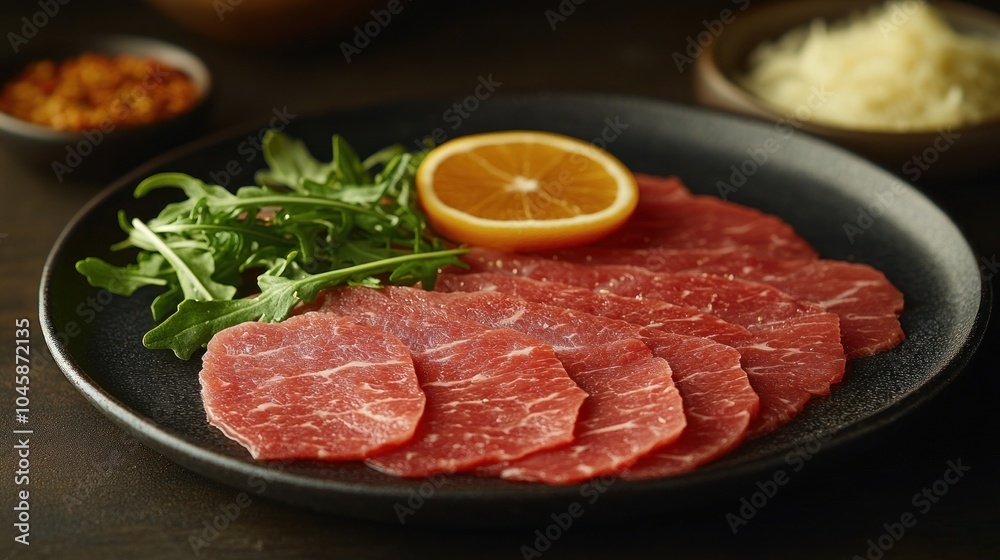 Thinly sliced raw beef with arugula and lemon slice on black plate. Thinly sliced raw beef with arugula and lemon slice on black plate.