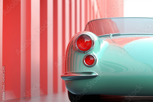 Classic vintage car parked against a modern architectural backdrop featuring vivid red vertical lines in a bright setting