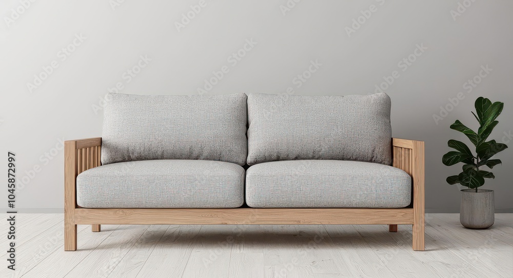 Scandinavian-inspired sofa with light wood frame and soft cushions, set in a cozy, minimalist living space, Scandinavian sofa, Nordic design