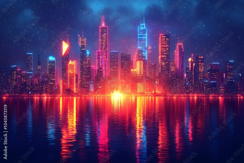 A vibrant city skyline at night, showcasing colorful lights reflected in the water, creating a dynamic and energetic atmosphere of urban life. A vibrant city skyline at night, showcasing colorful lights reflected in the water, creating a dynamic and energetic atmosphere of urban life.