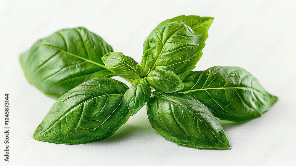 A sprig of fresh green basil leaves isolated on a white background. A sprig of fresh green basil leaves isolated on a white background.