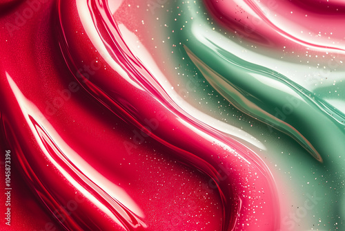 Vibrant layers of red and green viscous texture with shimmering details showcasing artistic fluidity