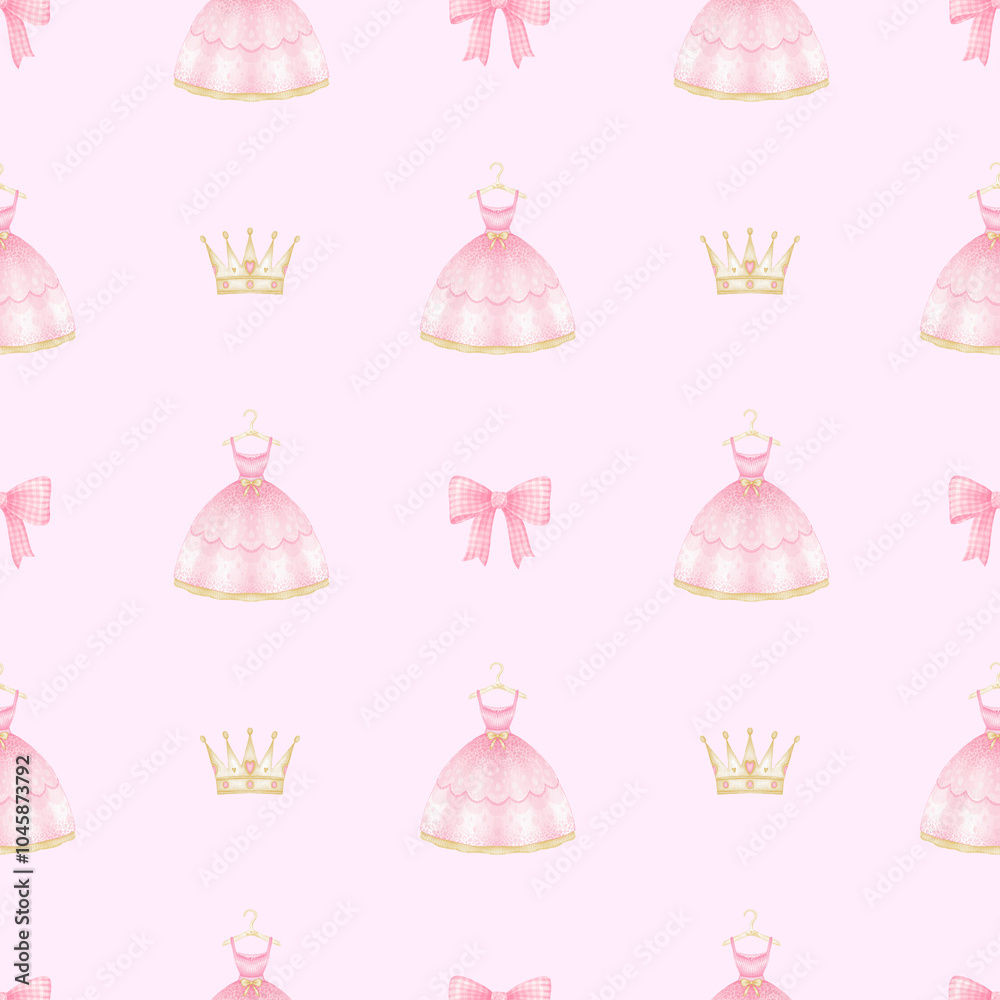 dress, crowns, bows. Watercolor seamless pattern on pink background for textile and wrapping paper in pastel colors. Cute girly illustration for little princesses dress, crowns, bows. Watercolor seamless pattern on pink background for textile and wrapping paper in pastel colors. Cute girly illustration for little princesses