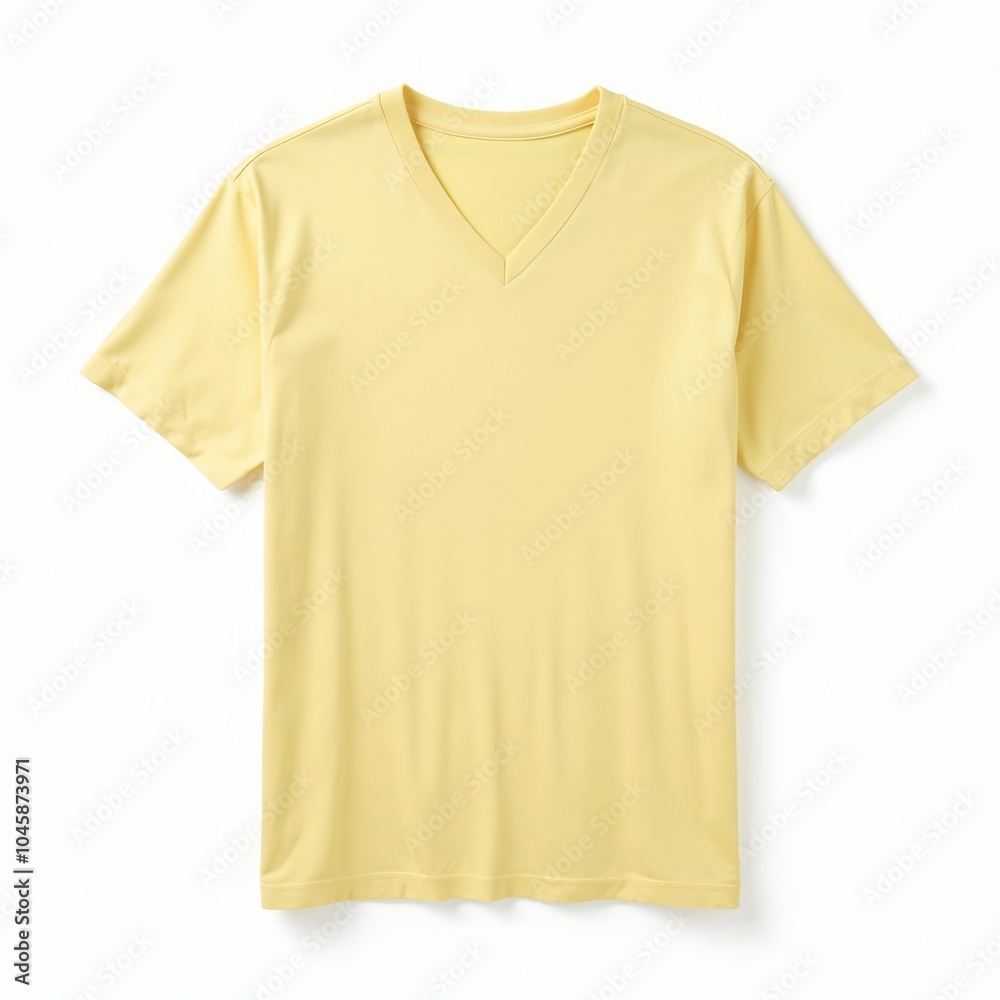 Stylish soft yellow v neck t shirt isolated on white Warm pastel shade Stylish soft yellow v neck t shirt isolated on white Warm pastel shade