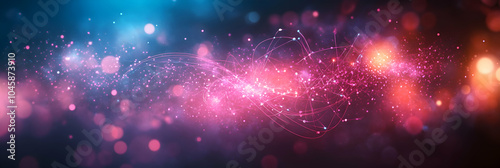 Vector illustration of subatomic particles moving through a quantum field, abstract background with glowing scientific lines representing nuclear physics