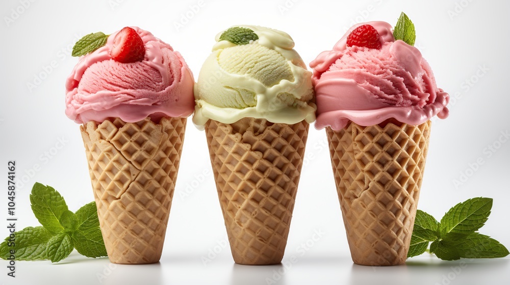 Three scoops of ice cream in waffle cones, strawberry, vanilla, and pistachio, with fresh mint leaves on a white background. Three scoops of ice cream in waffle cones, strawberry, vanilla, and pistachio, with fresh mint leaves on a white background.