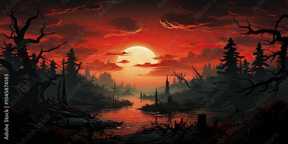 Red sunset over a dark river Red sunset over a dark river