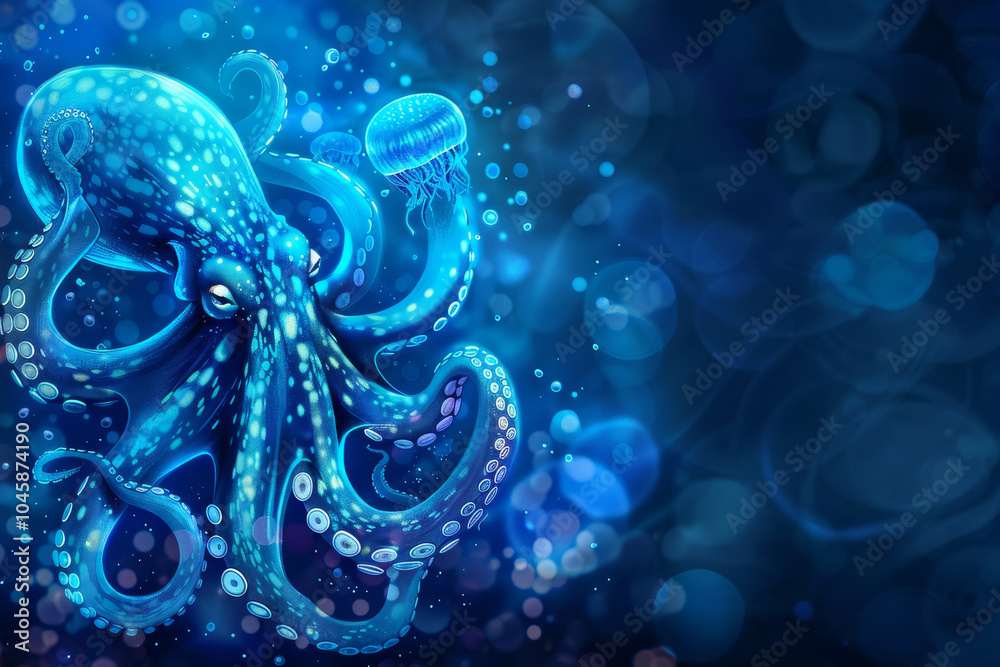A blue octopus with a jellyfish in its mouth