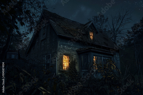 A creepy old house with a window lit up