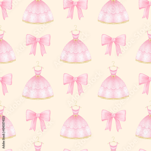 pink dresses and striped bows. Watercolor seamless pattern on beige background for textiles and wrapping paper in pastel colors. Cute girly illustration for little princesses