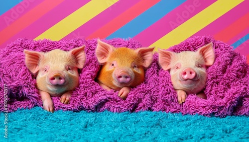 Kune Kune pigs lounging in cozy blankets, arranged on a studio backdrop filled with bold stripes and multicolored splashes of neon colors. photo