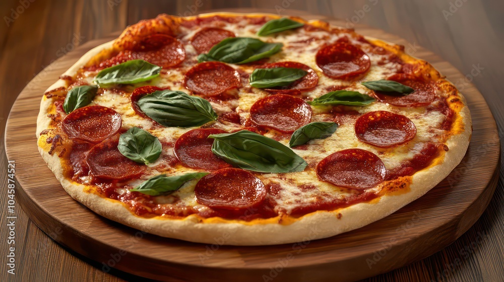 A fresh, delicious pepperoni pizza topped with basil and melted mozzarella cheese, ready to eat. A fresh, delicious pepperoni pizza topped with basil and melted mozzarella cheese, ready to eat.