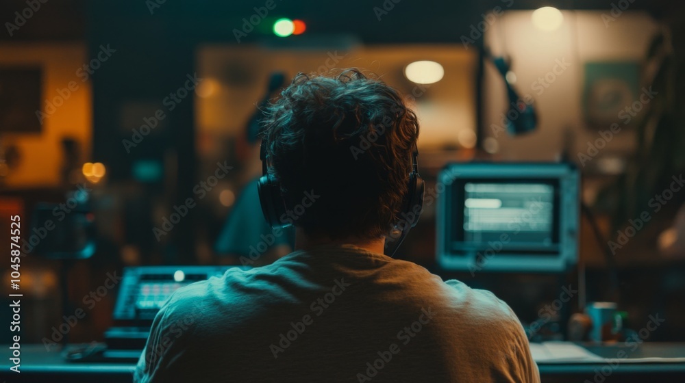 Focused audio engineer in a dimly lit recording studio, headphones on, monitoring sound levels and VU meters, with computer screens in the background. Focused audio engineer in a dimly lit recording studio, headphones on, monitoring sound levels and VU meters, with computer screens in the background.