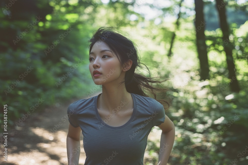 Focused Athletic Woman Running Through Lush Green Forest Trail, Embracing Nature and Fitness in a Serene Outdoor Setting Focused Athletic Woman Running Through Lush Green Forest Trail, Embracing Nature and Fitness in a Serene Outdoor Setting