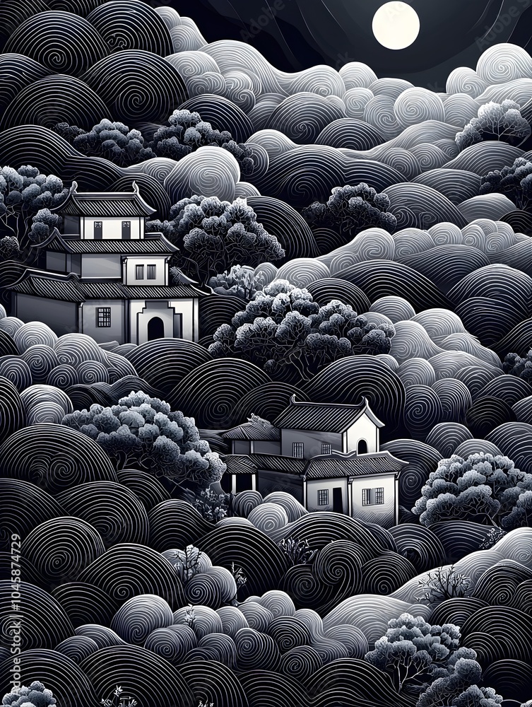 Fototapeta premium A serene, monochromatic landscape featuring traditional Asian architecture surrounded by swirling clouds and trees, illuminated by the soft glow of a full moon.