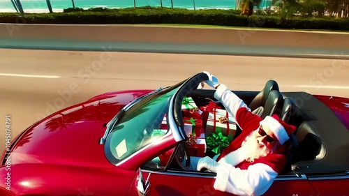 Video footage of Santa drives a convertible loaded with gifts along a sunny coastal road, celebrating the holiday season. Perfect for festive travel, Christmas road trip, and beach holiday themes. photo