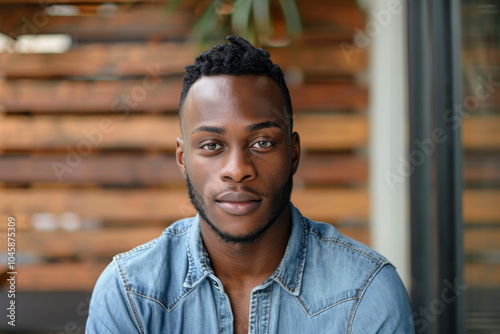 A young man exudes confidence while wearing a denim shirt, seated at a stylish cafe. The warm wooden backdrop adds to the contemporary atmosphere, enhancing his relaxed demeanor photo