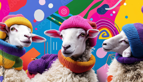 A collage of Lincoln sheep wearing knitted beanies, placed against a backdrop with bright, swirling rainbow patterns and geometric designs. photo