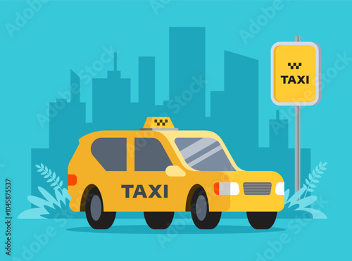 Yellow passenger taxi for city trips. Taxi stop sign.