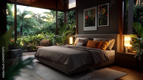 A cozy bedroom with a king-size bed, a large window overlooking a lush garden, and a wood floor.