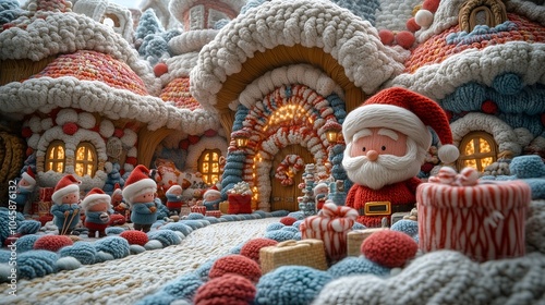 A whimsical knitted Santa village featuring cheerful characters and festive decor in wintertime