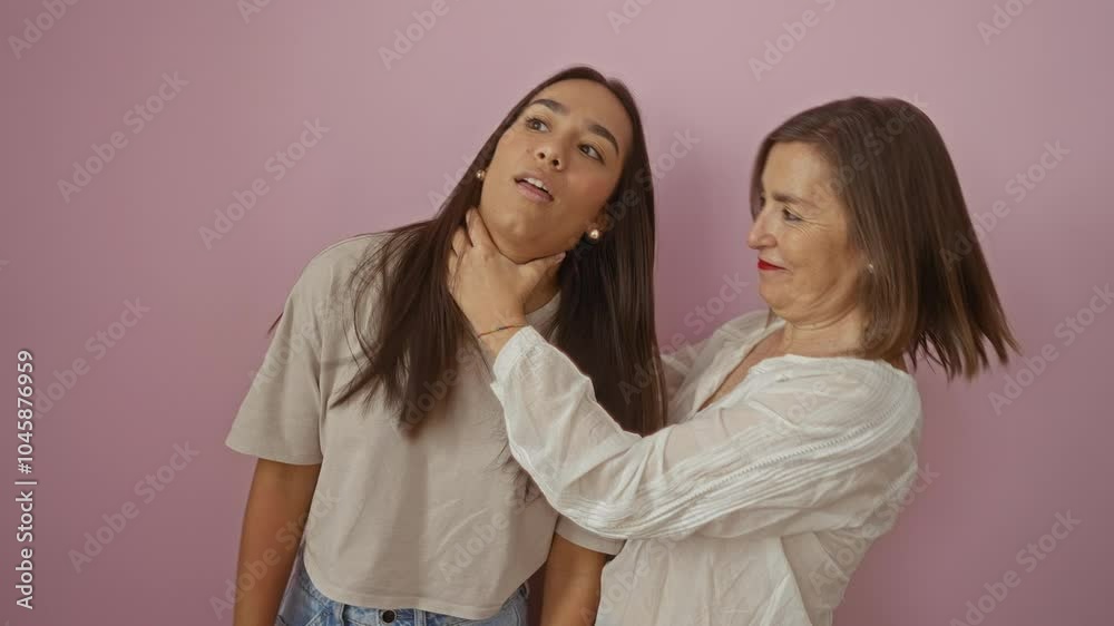 Woman playfully holding another woman's neck against a pink wall, both wearing casual clothes, showing a humorous moment between adults Woman playfully holding another woman's neck against a pink wall, both wearing casual clothes, showing a humorous moment between adults
