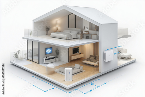 A detailed illustration of a home interior with two wireless mesh routers