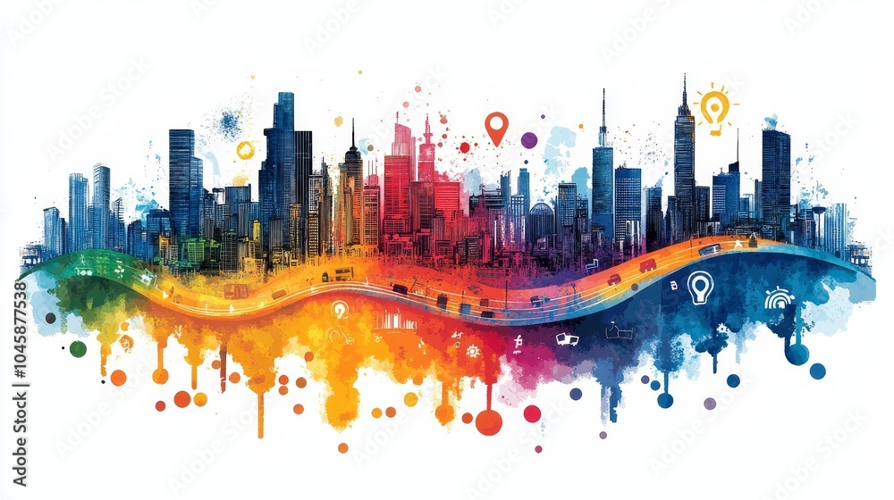 Fototapeta premium Vibrant Watercolor Cityscape Illustration