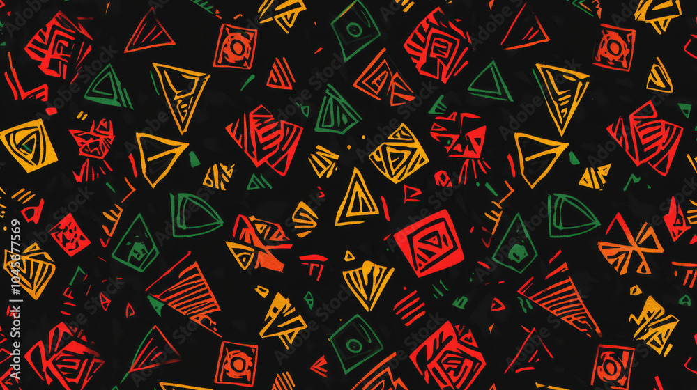 Naklejka premium Abstract Geometric Pattern: Vibrant and bold, this seamless pattern features an eclectic mix of colorful triangles, squares, and abstract shapes, creating a dynamic and visually captivating design.