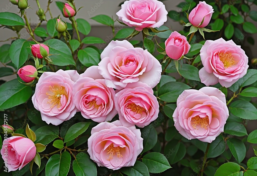 Fototapeta premium Lush Pink Roses Blooming in a Serene Garden Setting