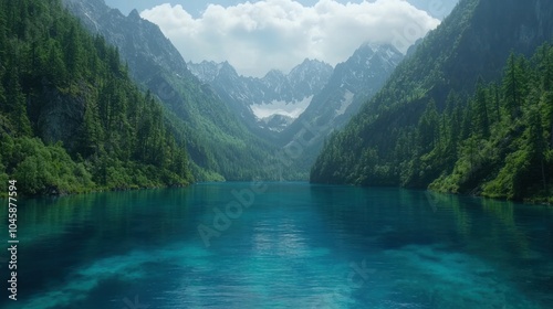 Tranquil mountain lake with clear blue water and snow-capped peaks in the background.