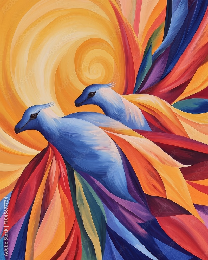 Fototapeta premium Tree kangaroos with exaggerated wing poses, set against a vibrant studio backdrop filled with sun motifs, rainbow swirls, and dynamic brush strokes.