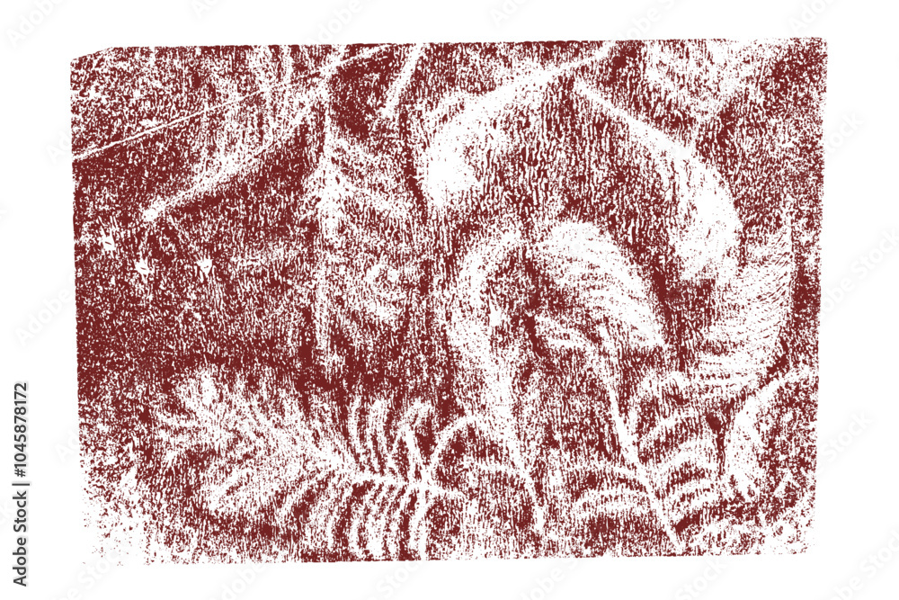 Plant fossil stone print Black carboned texture overlay Dust grainy texture on white background. Torn old paper grain noise Grunge design elements Black scratches spots and stains. Vector illustration