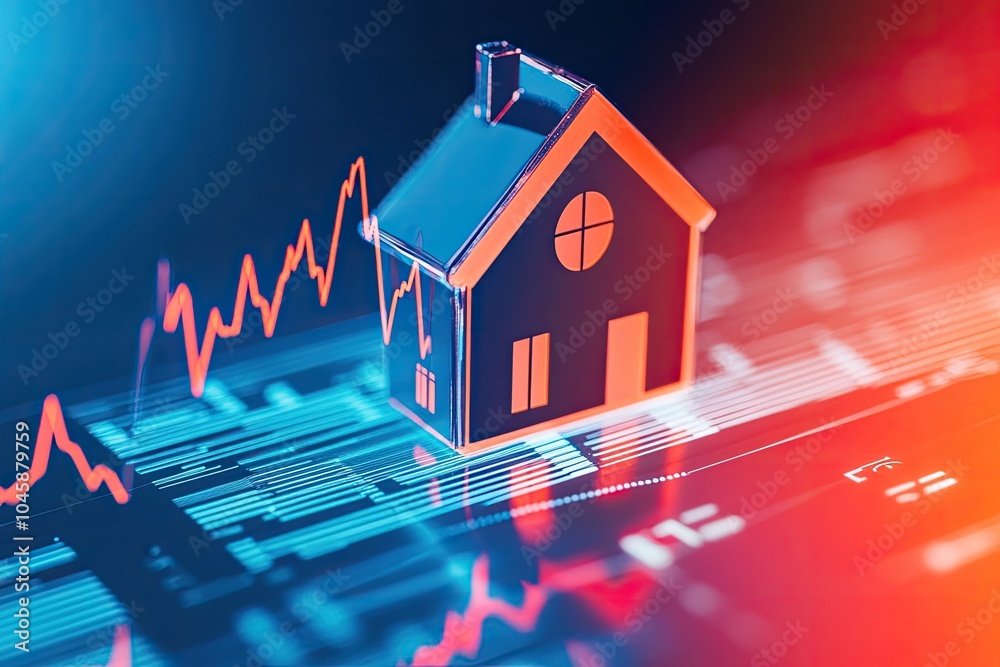 Fototapeta premium Graph showing rising and falling interest rates next to a house icon