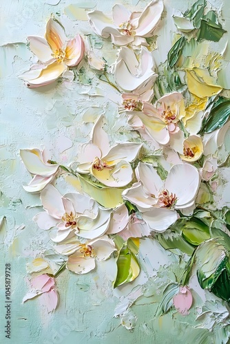 A vibrant still life of white and soft pink flowers, artistically rendered with textured brush strokes on a pale blue background, creating a fresh and serene atmosphere.