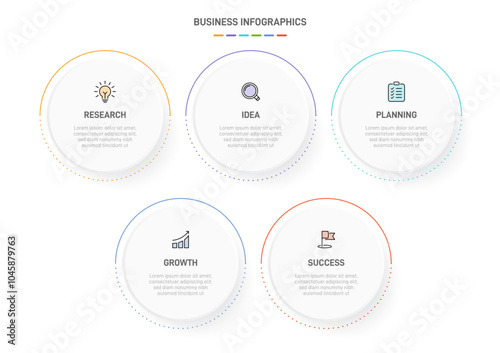 5 clean infographic design shaped elements template, symbolizing the five stages of business strategy and progression. Progress bar or timeline. Vector for presentation, web site or app.