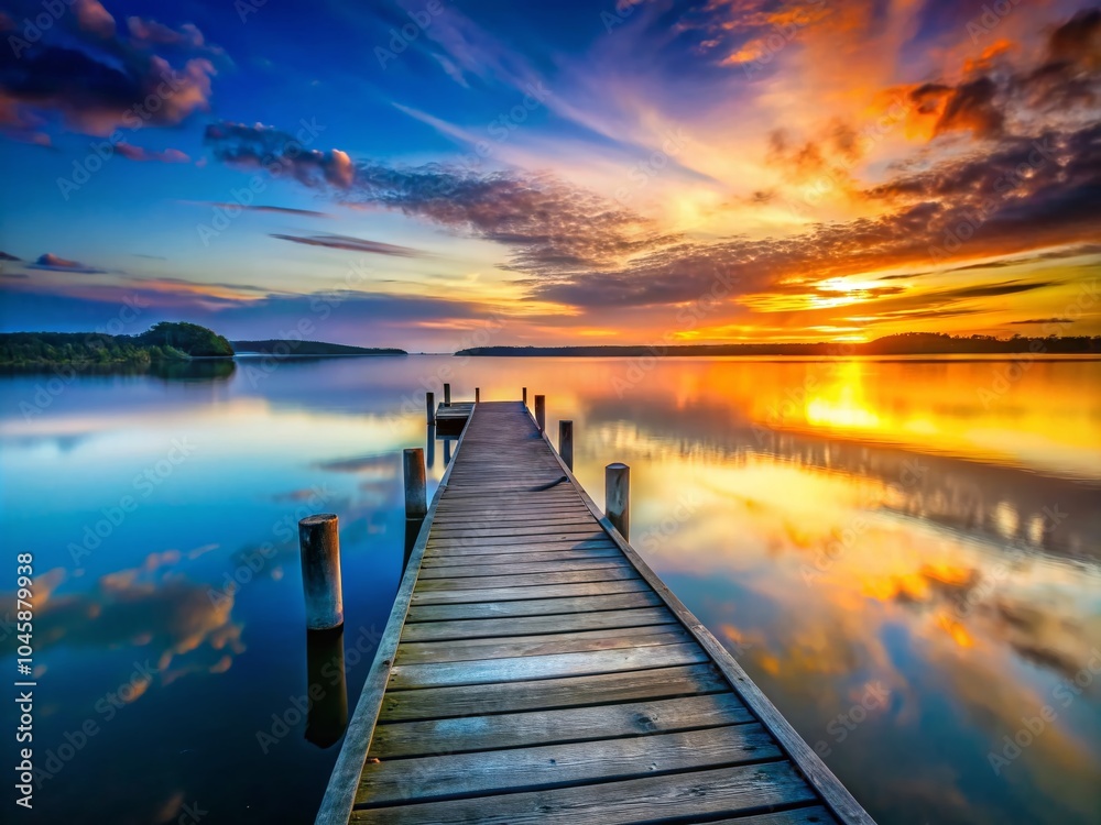 Fototapeta premium Tranquil Low Light Photography of Calm Still Water with Wooden Jetty at Dusk