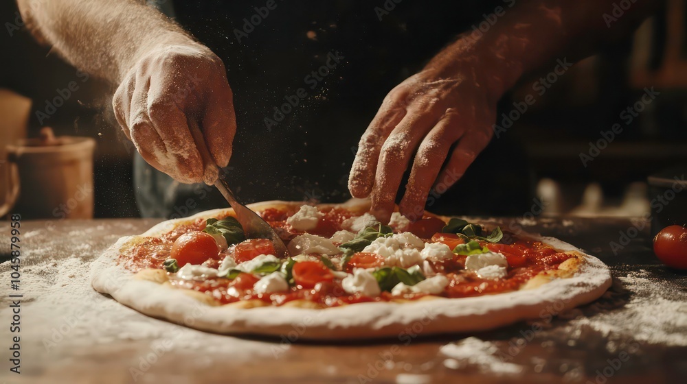 A chef adds mozzarella cheese to a pizza with a knife. A chef adds mozzarella cheese to a pizza with a knife.