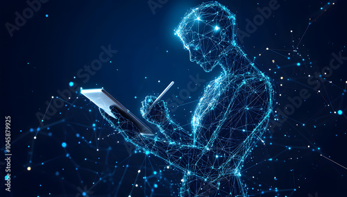 Digital Wireframe Person with Tablet and Network