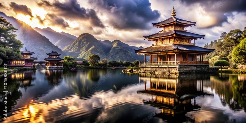 Obraz premium Tranquil Temple by River Surrounded by Lush Greenery and Majestic Mountains - Minimalist Nature Photography