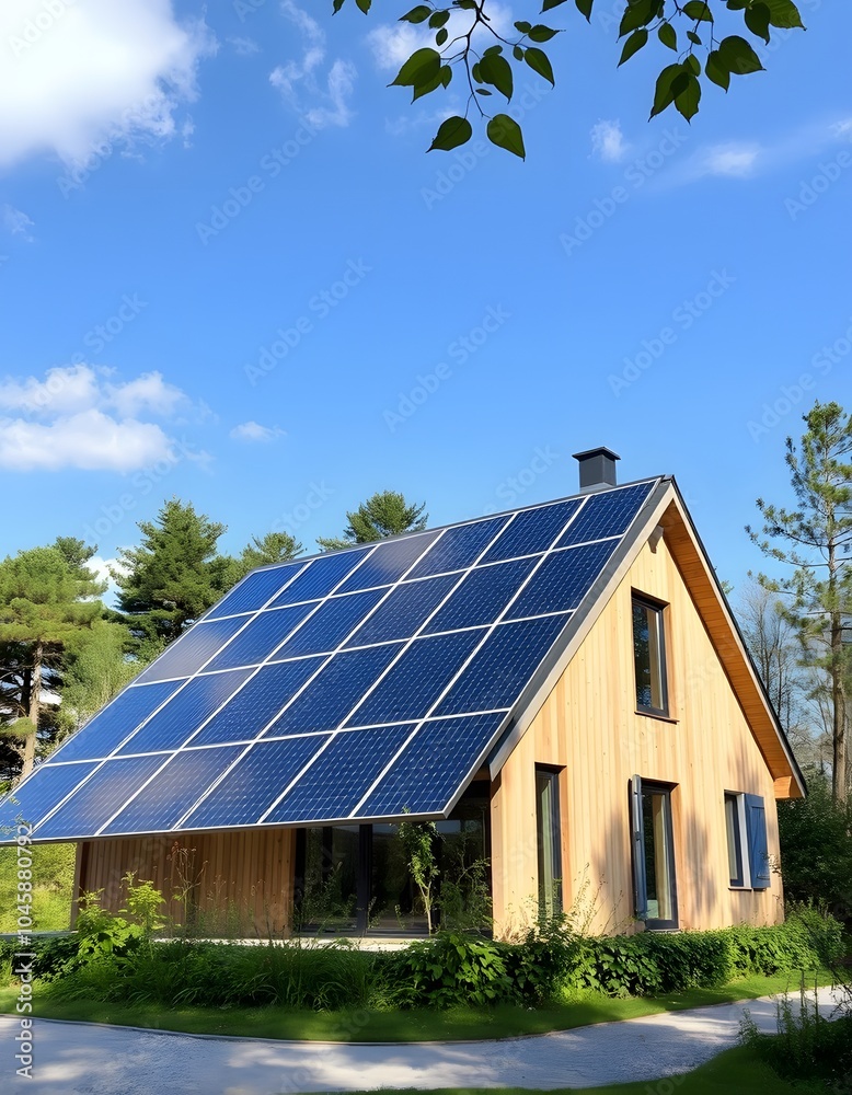 Solar panels on a modern eco-friendly house in nature created with generative AI
