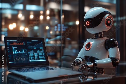 Wallpaper Mural Futuristic robot analyzing data on a laptop in a modern office setting, showcasing advanced AI technology and digital innovation in finance. Torontodigital.ca